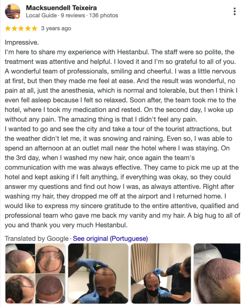 Hestanbul Hair transplant in Turkey Google review 4